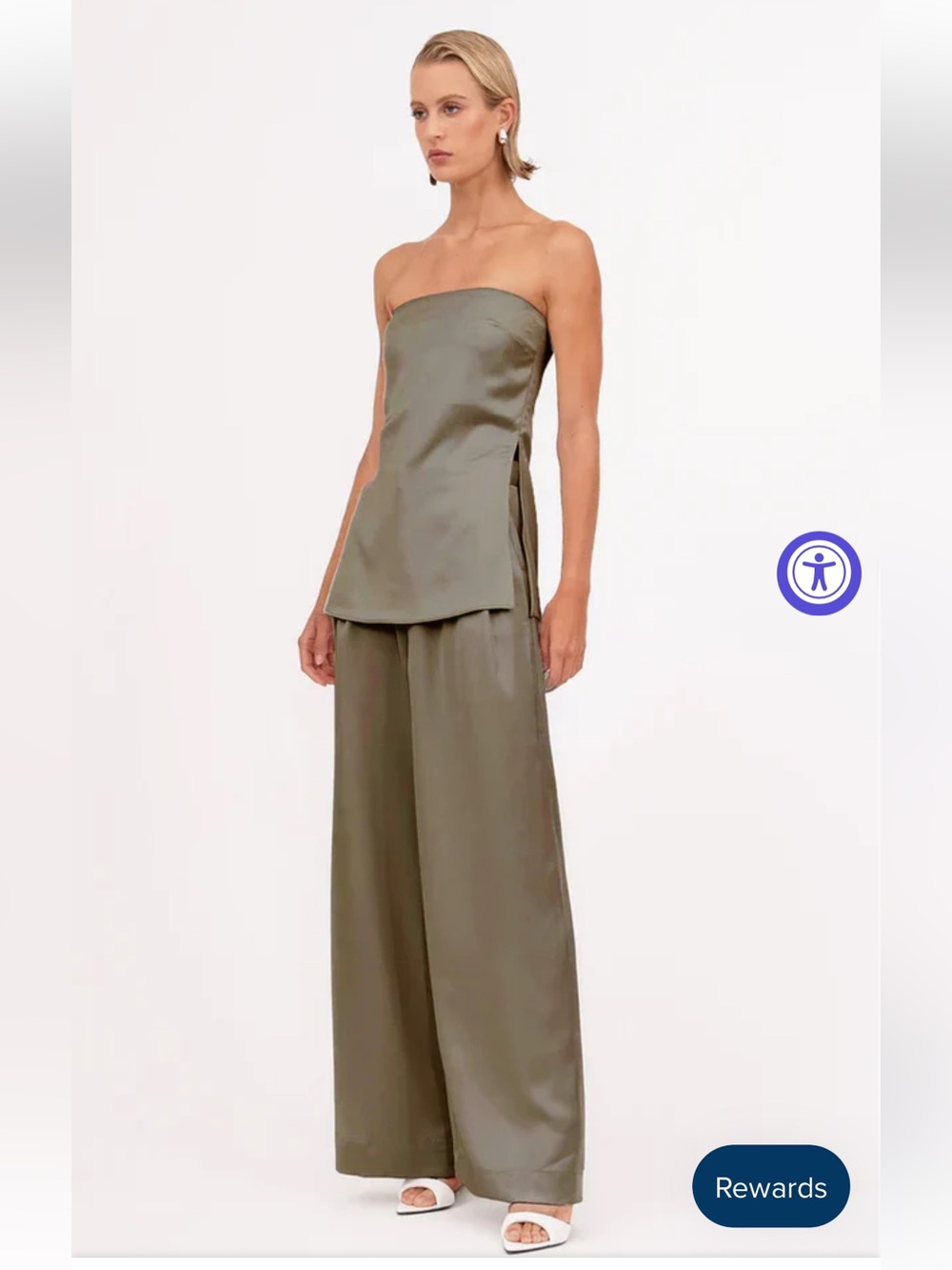 NONchalant Strapless Satin Wide-Leg Set in Moss